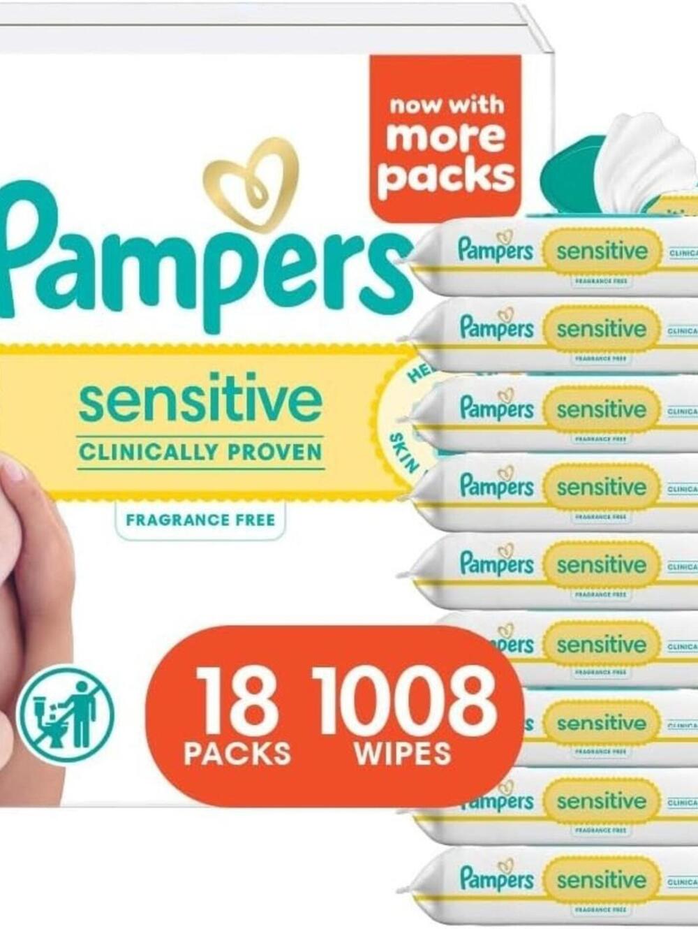 ~ Pampers Sensitive Baby Wipes, Clinically Proven, Fragrance Free, 18 pack